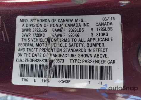 2014 Honda Civic Ex from USA, damaged, VIN 2HGFB2F80EH530373